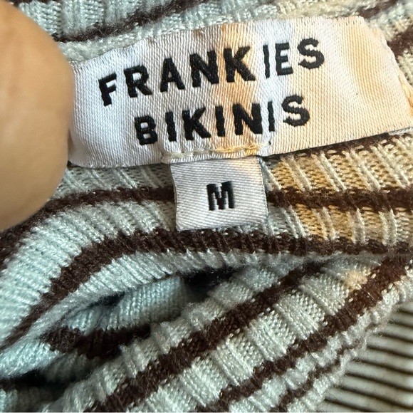 FRANKIES BIKINIS Tucker Knit Sweater Montauk Stripe Blue Brown Turtleneck Medium - Picture 6 of 7
